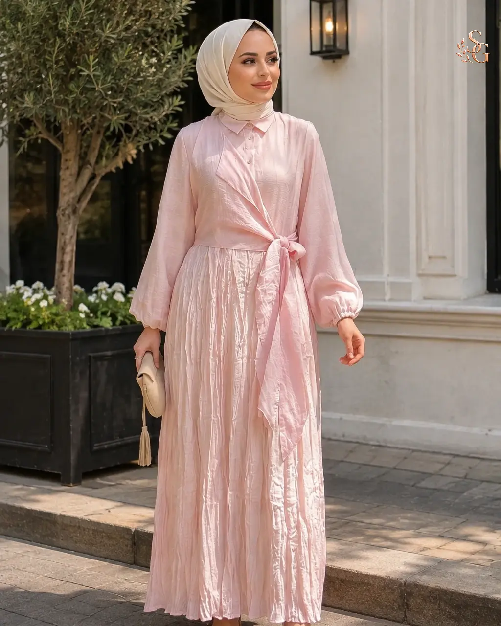 26Y747 Belden Bağlamalı Nil Elbise Pembe - 2 beden 40-42