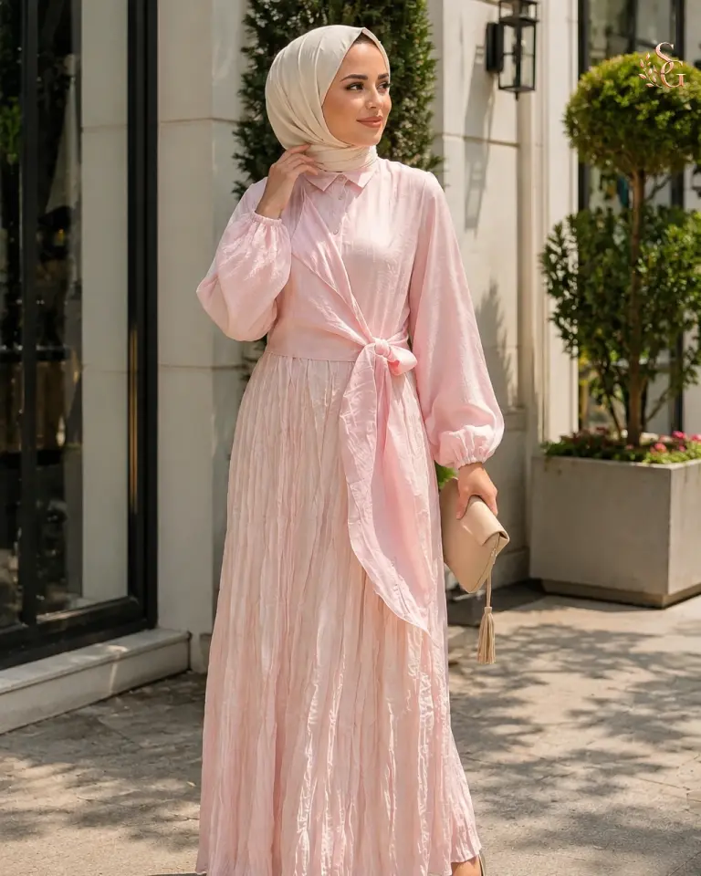 26Y747 Belden Bağlamalı Nil Elbise Pembe - 2 beden 40-42