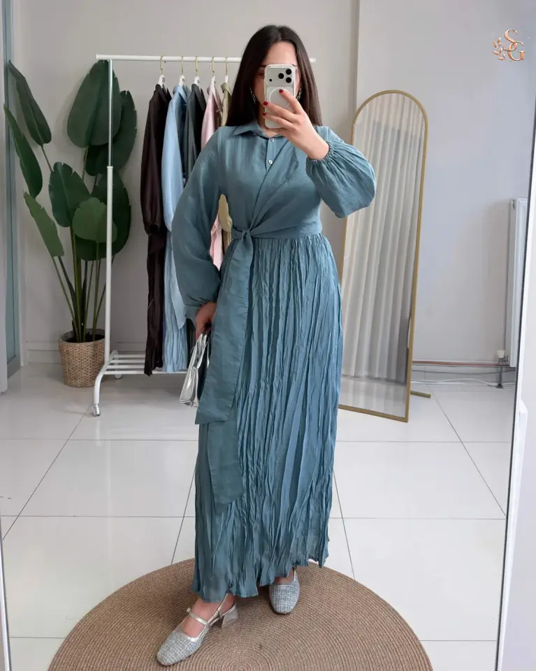26Y747 Belden Bağlamalı Nil Elbise Petrol - 2 beden 40-42