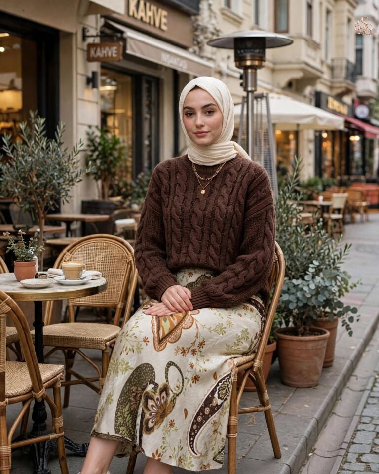 26Y635 Dijital Baskılı Verev Etek Yeşil