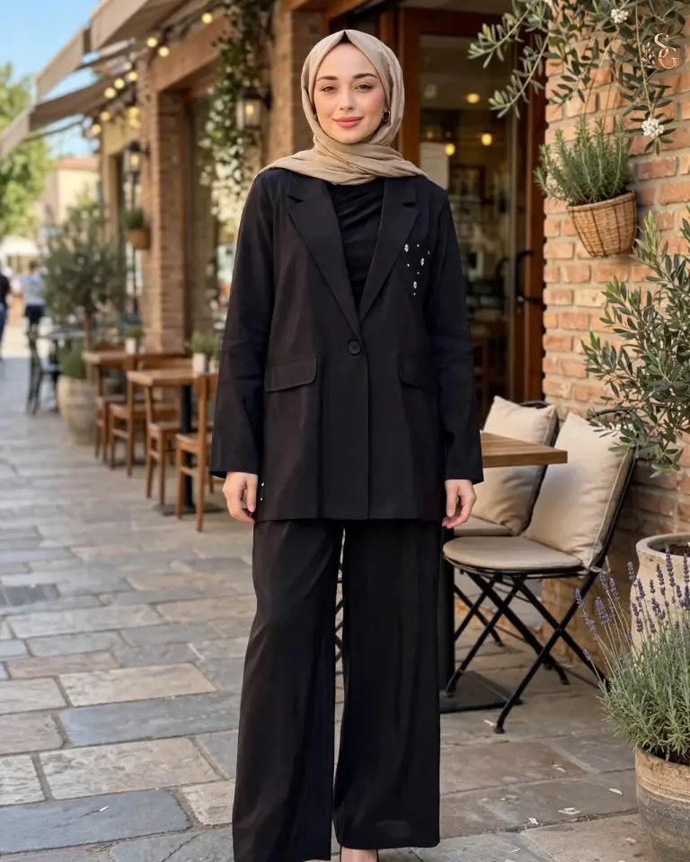 26Y835 Cebi Taş İşlemeli Kraşlı Dubai Ceketli Takım Siyah