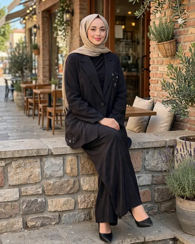 26Y835 Cebi Taş İşlemeli Kraşlı Dubai Ceketli Takım Siyah