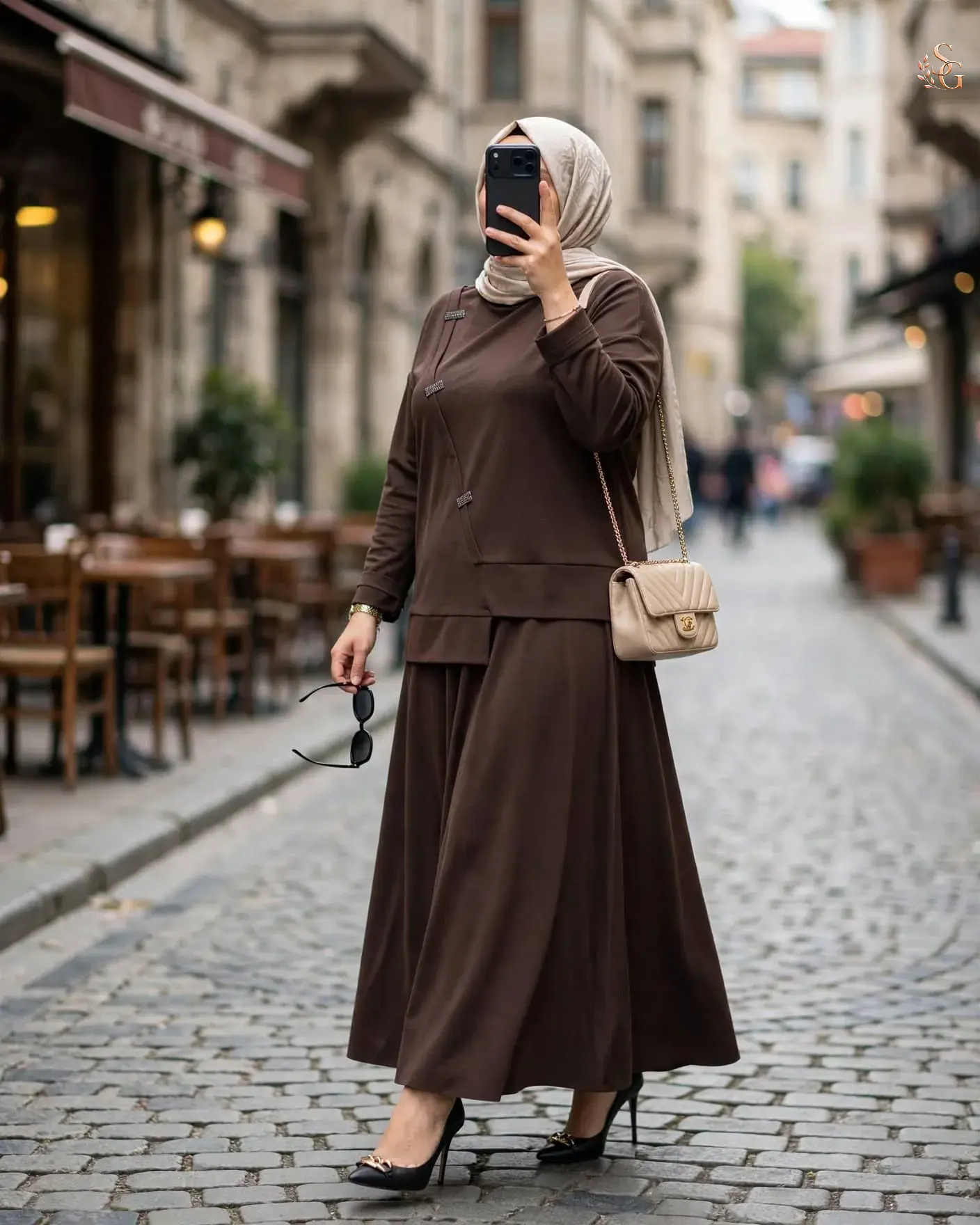 26K921 Taş Detaylı Kloş Etekli Bora Takım Kahverengi