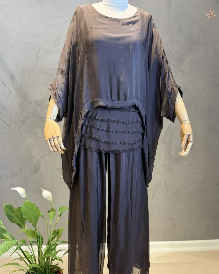 İthal İpek Pantolonlu Takım Standart beden 38-44 - Kahverengi