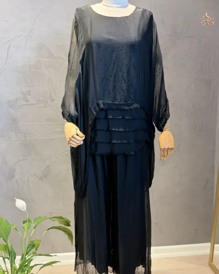 İthal İpek Pantolonlu Takım Standart beden 38-44 - Siyah