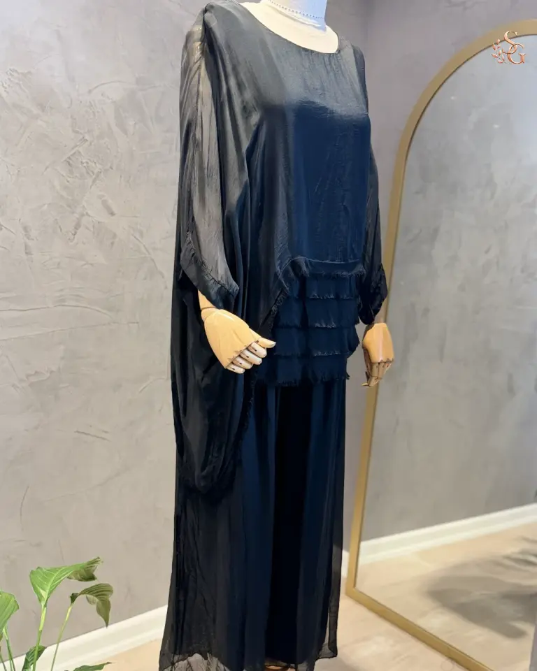 İthal İpek Pantolonlu Takım Standart beden 38-44 - Siyah