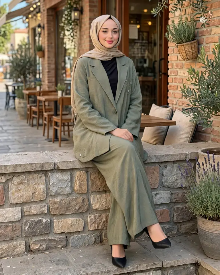 Dubai İşlemeli Ve Kraşlı Ceketli Takım 1 beden 38-40 - Haki