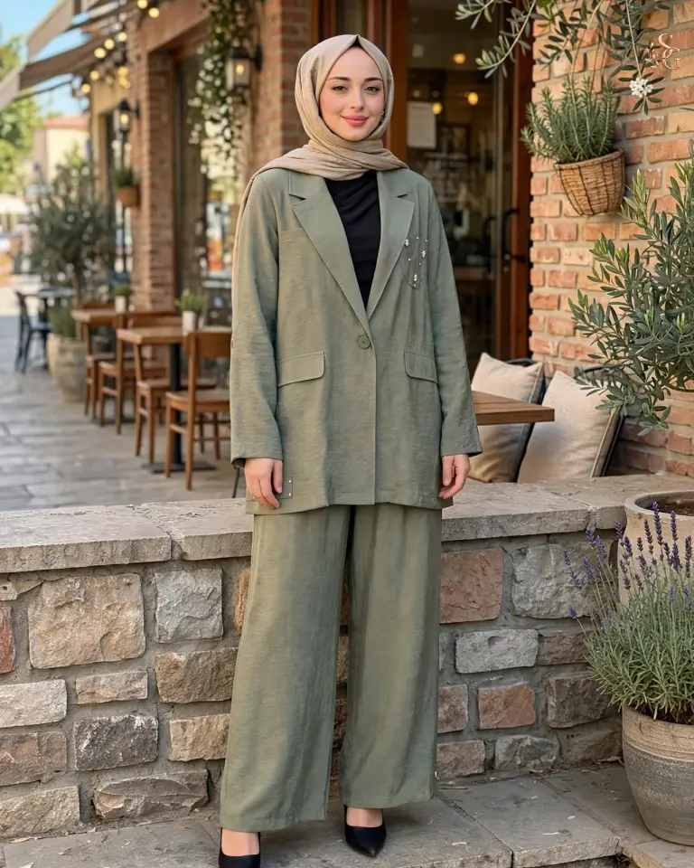 Dubai İşlemeli Ve Kraşlı Ceketli Takım 2 beden 40-42 - Haki