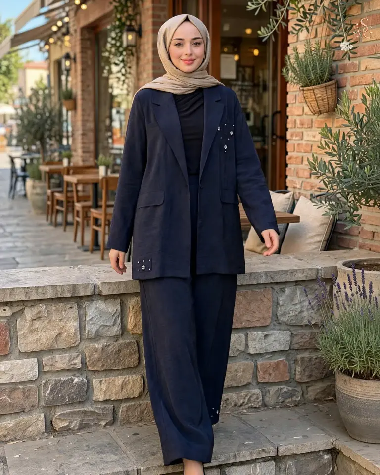 Dubai İşlemeli Ve Kraşlı Ceketli Takım 1 beden 38-40 - Lacivert