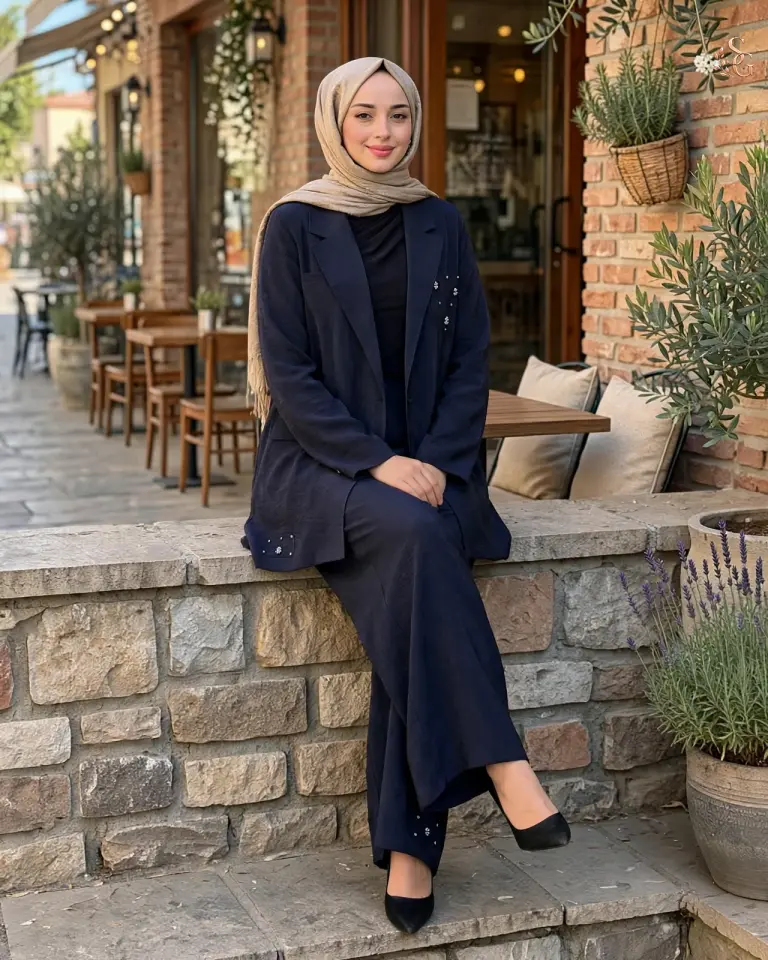 Dubai İşlemeli Ve Kraşlı Ceketli Takım 1 beden 38-40 - Lacivert