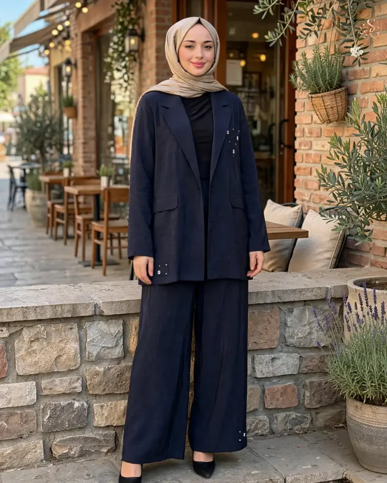 Dubai İşlemeli Ve Kraşlı Ceketli Takım 2 beden 40-42 - Lacivert