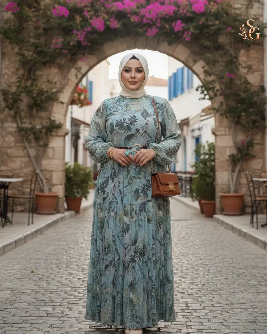 26Y743- Dijital Baskı Kemerli Elbise