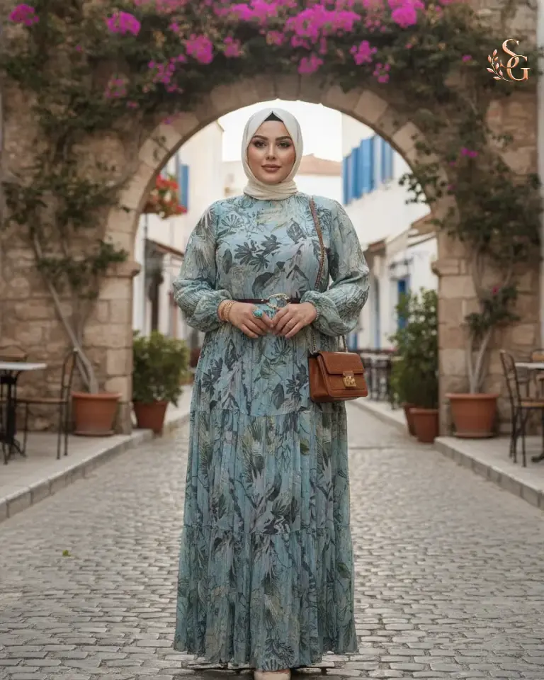 26Y743- Dijital Baskı Kemerli Elbise